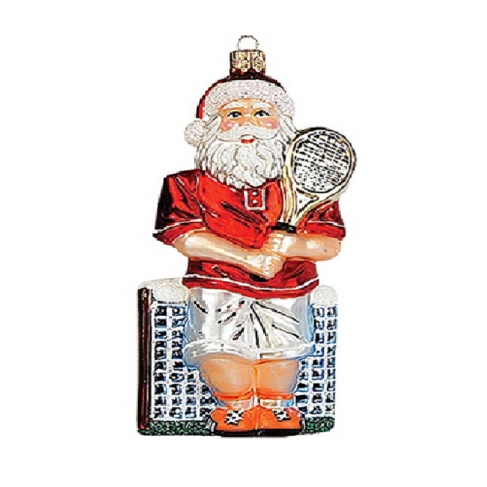 Santa Playing Tennis Polish Glass Christmas Ornament