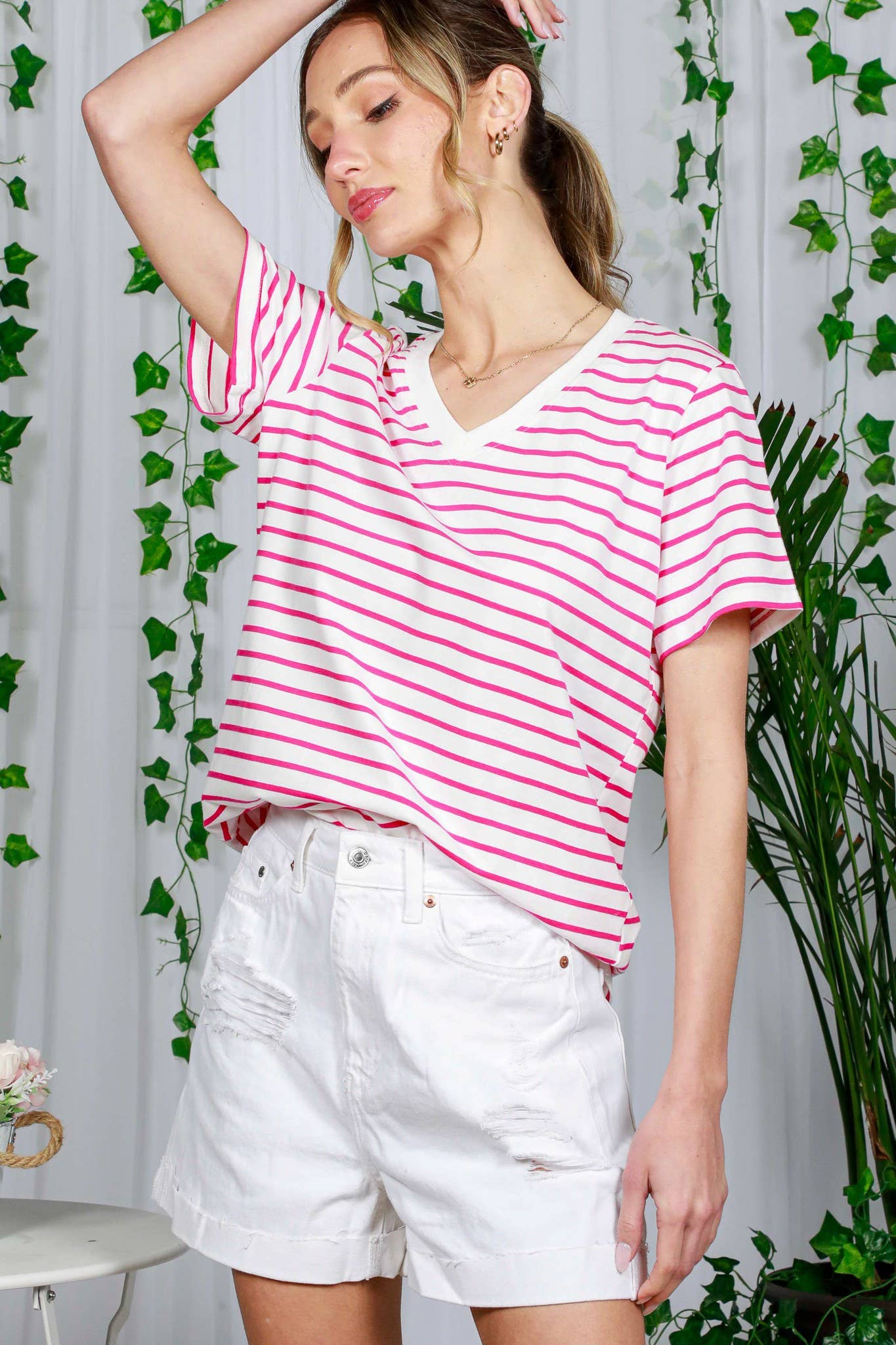 V-Neck Short-Sleeve Striped Printed Cotton Knit Top VT82240