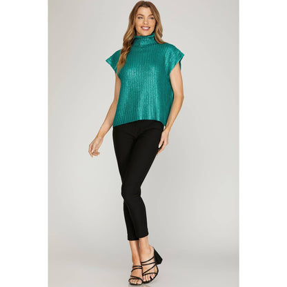 Metallic Foil Short Sleeve Sweater Top