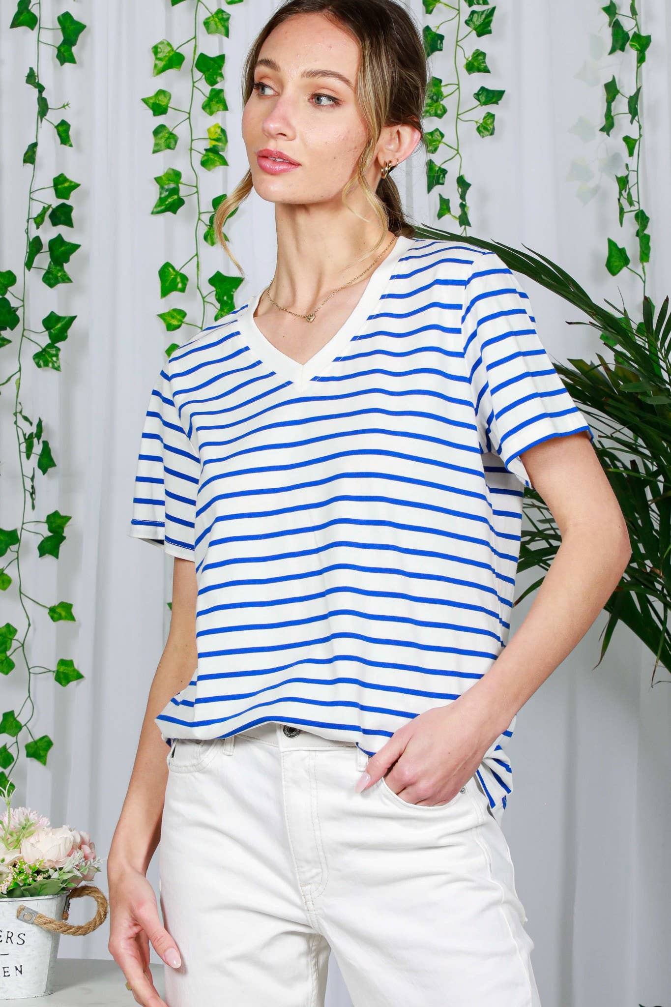 V-Neck Short-Sleeve Striped Printed Cotton Knit Top VT82240