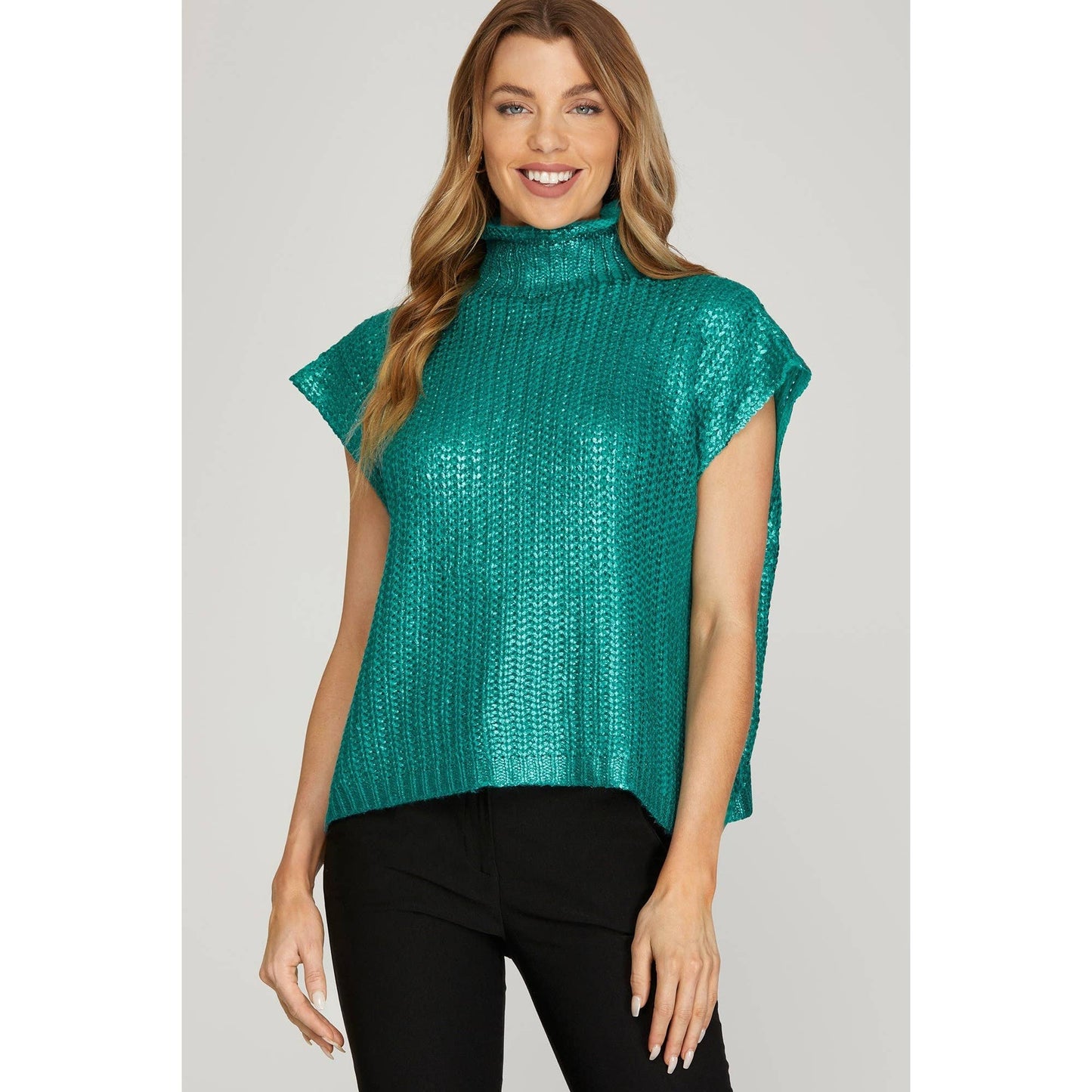 Metallic Foil Short Sleeve Sweater Top
