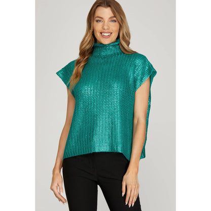 Metallic Foil Short Sleeve Sweater Top