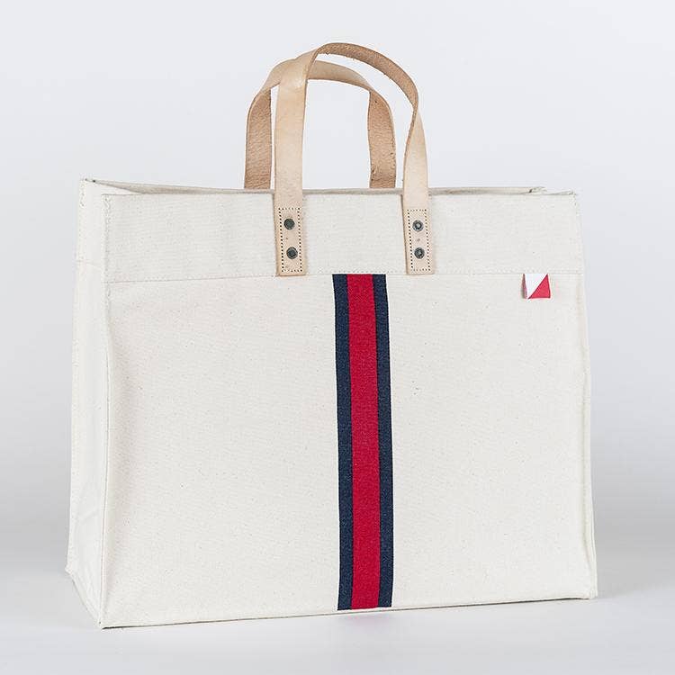 Striped Box Heavy Canvas Tote Bag with Leather Handles