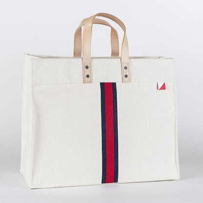 Striped Box Heavy Canvas Tote Bag with Leather Handles