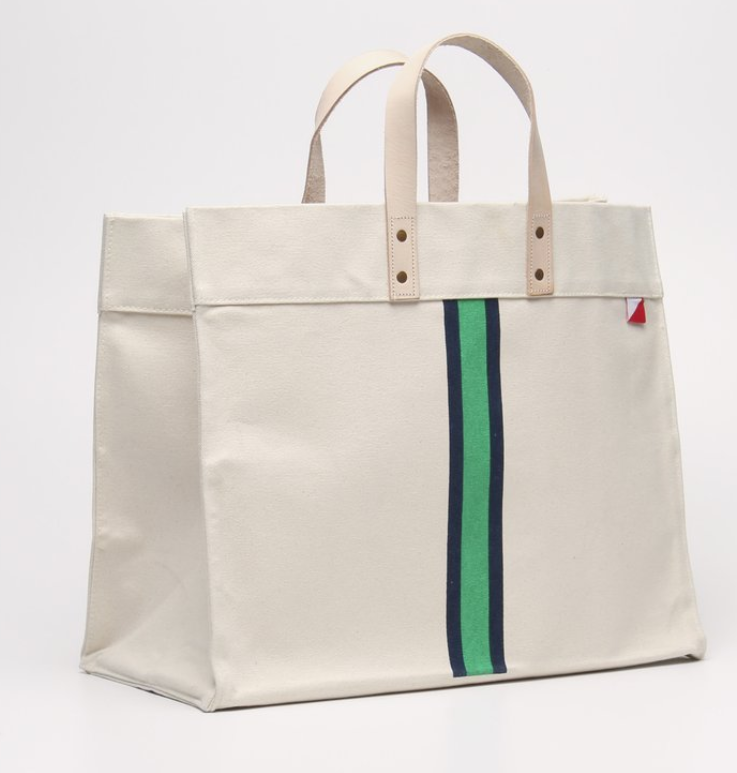 Striped Box Heavy Canvas Tote Bag with Leather Handles