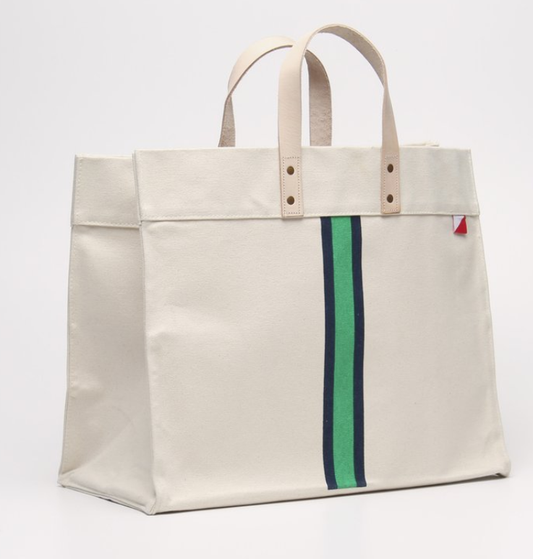 Striped Box Heavy Canvas Tote Bag with Leather Handles