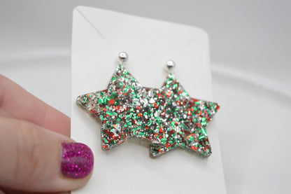 Christmas Star Acrylic Earrings, Glitter, Sparkly, Confetti
