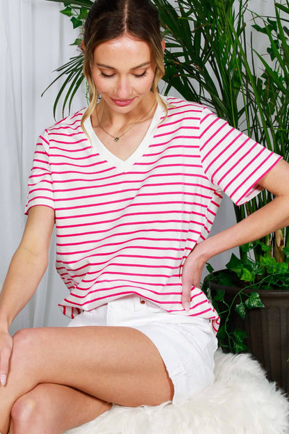 V-Neck Short-Sleeve Striped Printed Cotton Knit Top VT82240