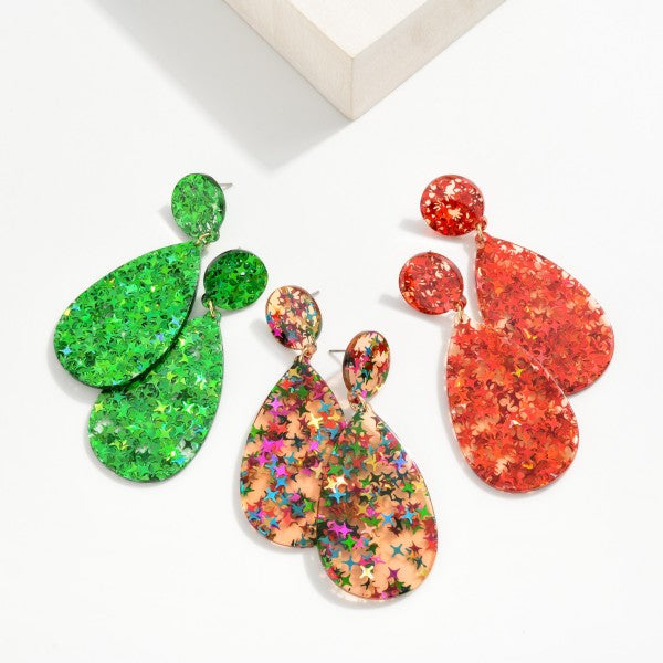 Glitter Resin Teardrop Post Drop Earrings - 277133