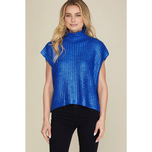 Metallic Foil Short Sleeve Sweater Top