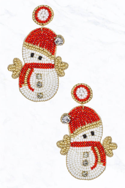 Christmas Snowman, Seed Bead, Glass Bead, Fabric Post Dangle