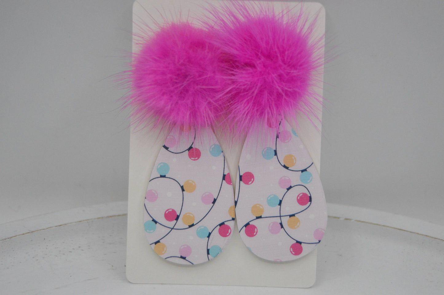 Christmas Lights, Teardrop Acrylic Earrings, hot pink Pom 