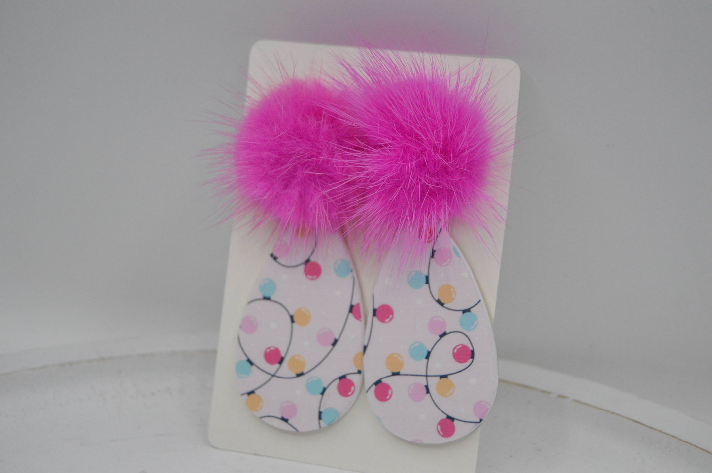 Christmas Lights, Teardrop Acrylic Earrings, hot pink Pom 