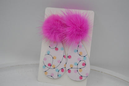 Christmas Lights, Teardrop Acrylic Earrings, hot pink Pom 