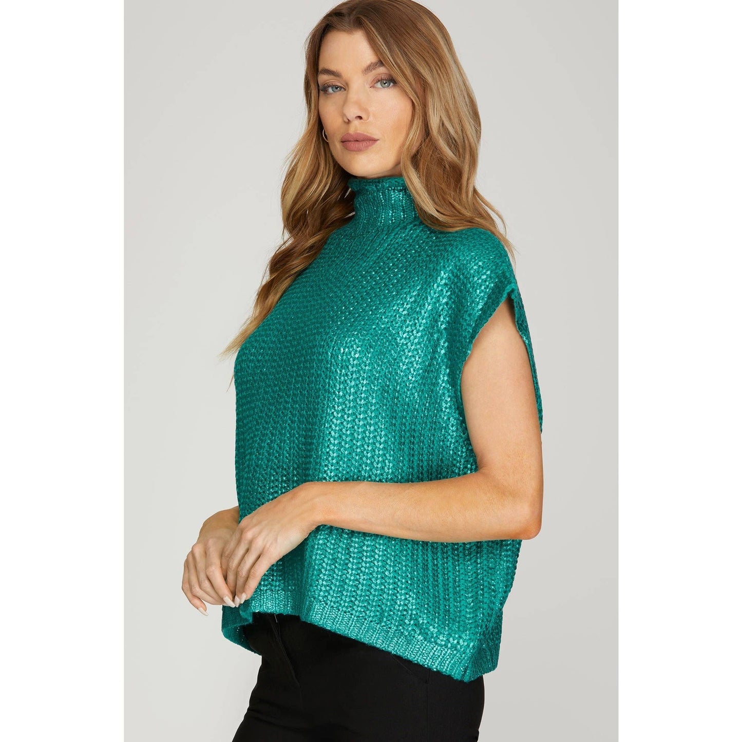 Metallic Foil Short Sleeve Sweater Top