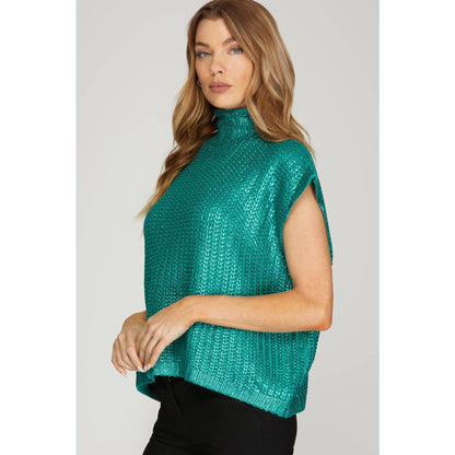 Metallic Foil Short Sleeve Sweater Top