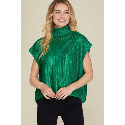 Metallic Foil Short Sleeve Sweater Top