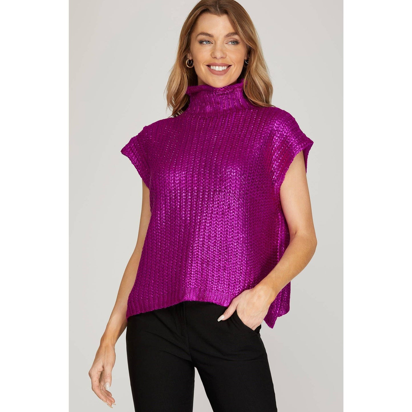 Metallic Foil Short Sleeve Sweater Top