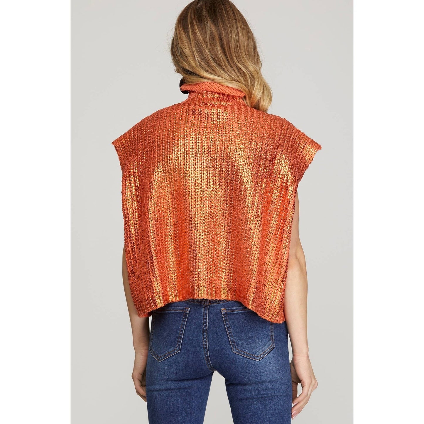 Metallic Foil Short Sleeve Sweater Top