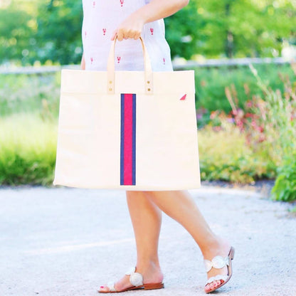 Striped Box Heavy Canvas Tote Bag with Leather Handles