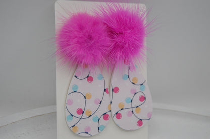 Christmas Lights, Teardrop Acrylic Earrings, hot pink Pom 