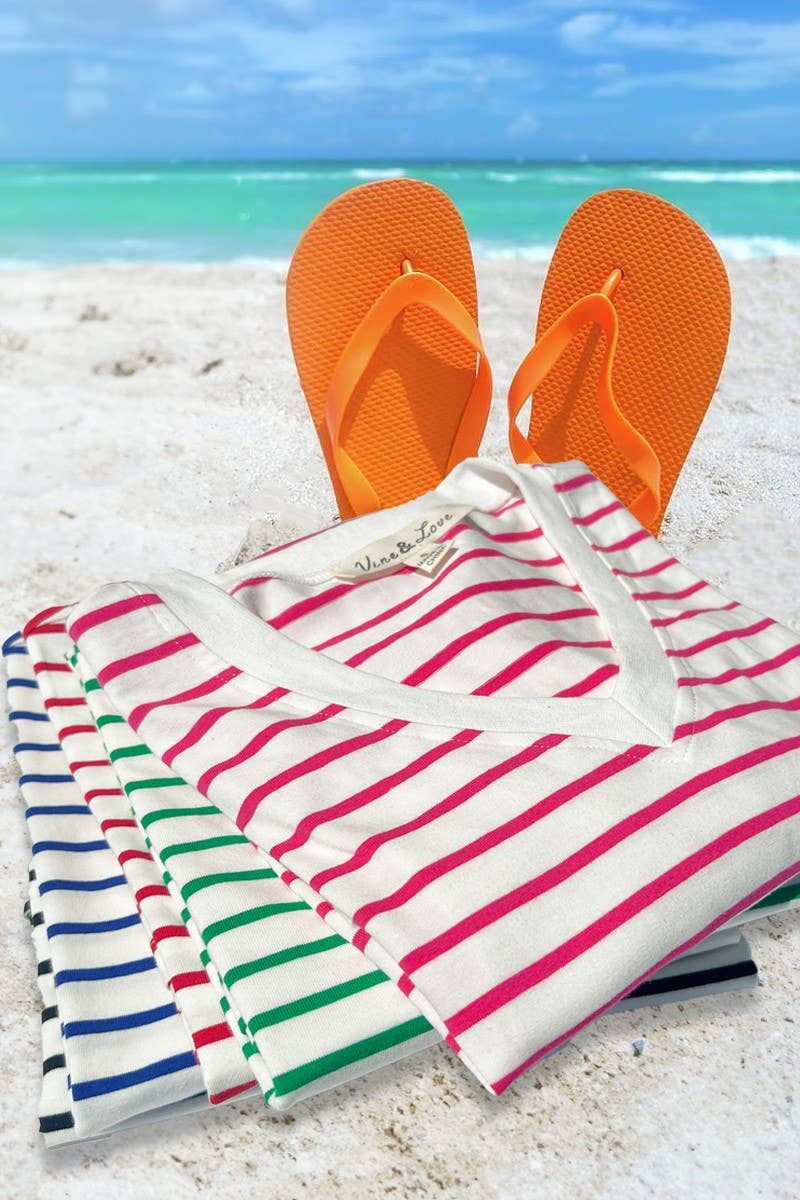 V-Neck Short-Sleeve Striped Printed Cotton Knit Top VT82240