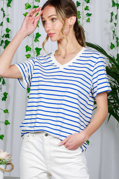 V-Neck Short-Sleeve Striped Printed Cotton Knit Top VT82240