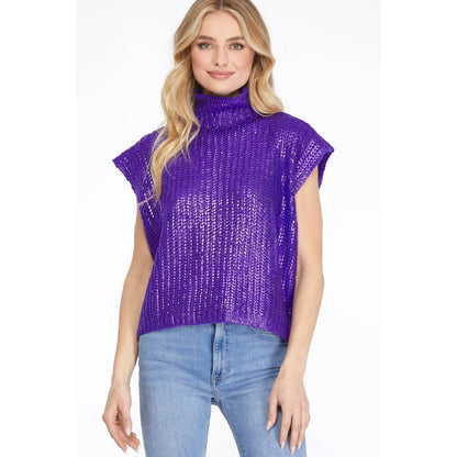 Metallic Foil Short Sleeve Sweater Top