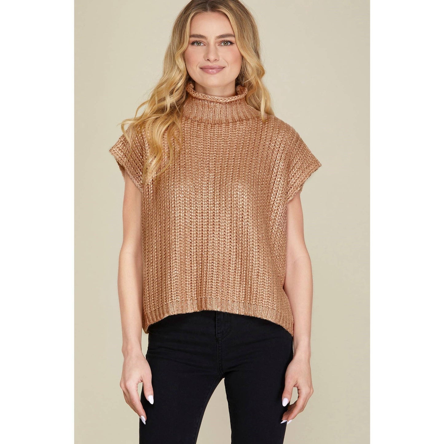 Metallic Foil Short Sleeve Sweater Top