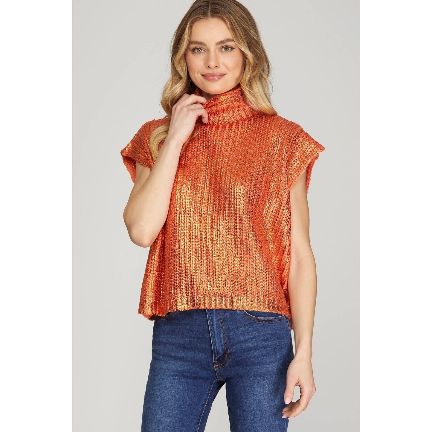 Metallic Foil Short Sleeve Sweater Top