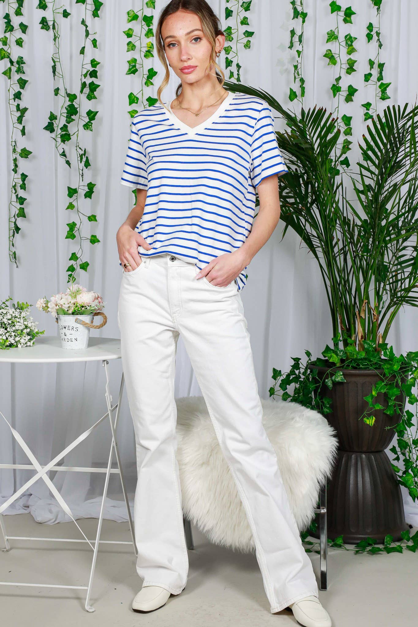 V-Neck Short-Sleeve Striped Printed Cotton Knit Top VT82240