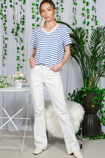 V-Neck Short-Sleeve Striped Printed Cotton Knit Top VT82240