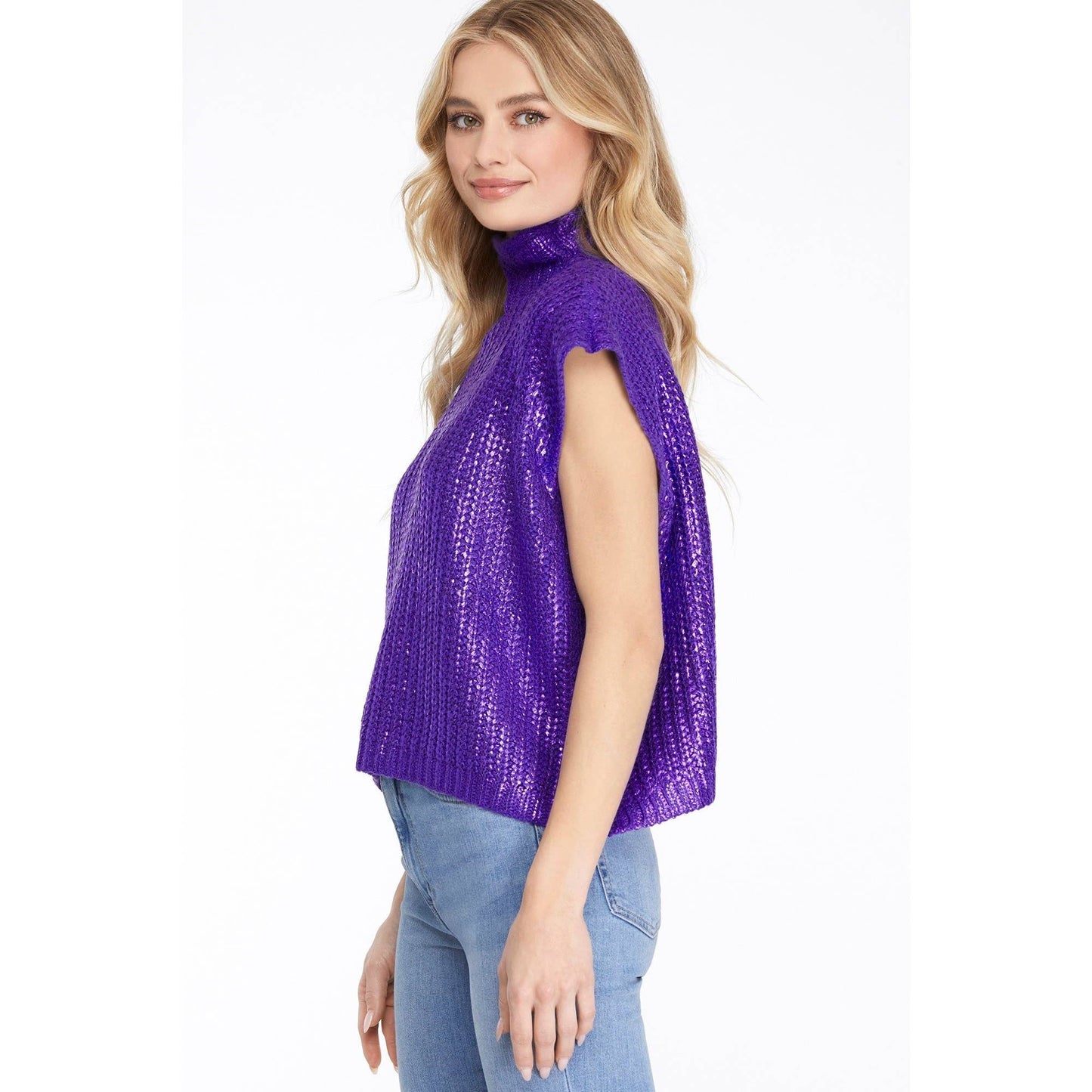 Metallic Foil Short Sleeve Sweater Top