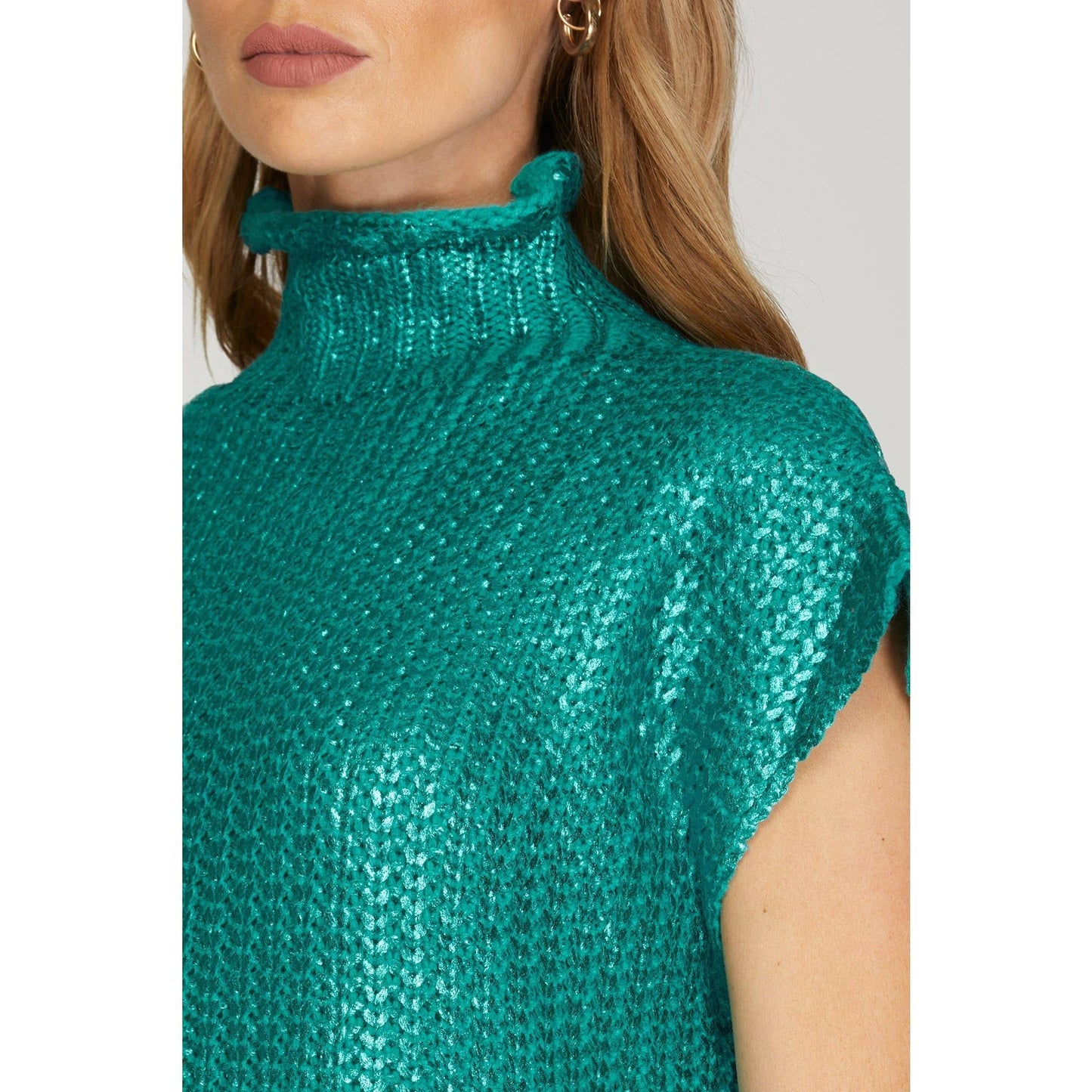 Metallic Foil Short Sleeve Sweater Top