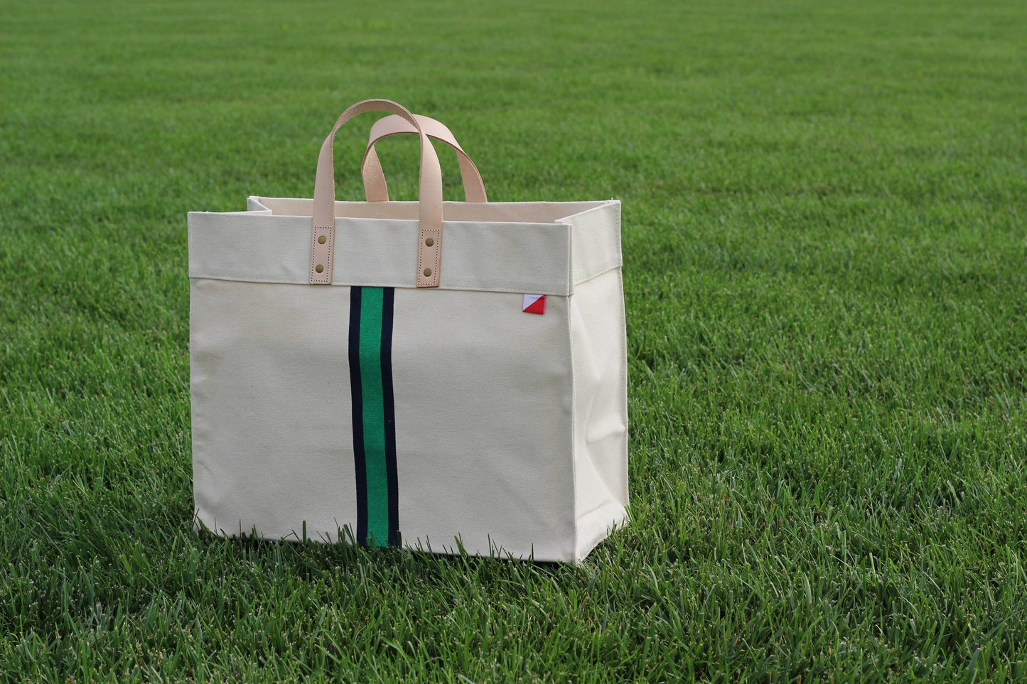 Striped Box Heavy Canvas Tote Bag with Leather Handles