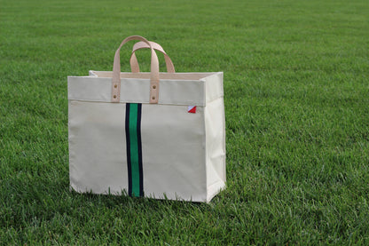 Striped Box Heavy Canvas Tote Bag with Leather Handles