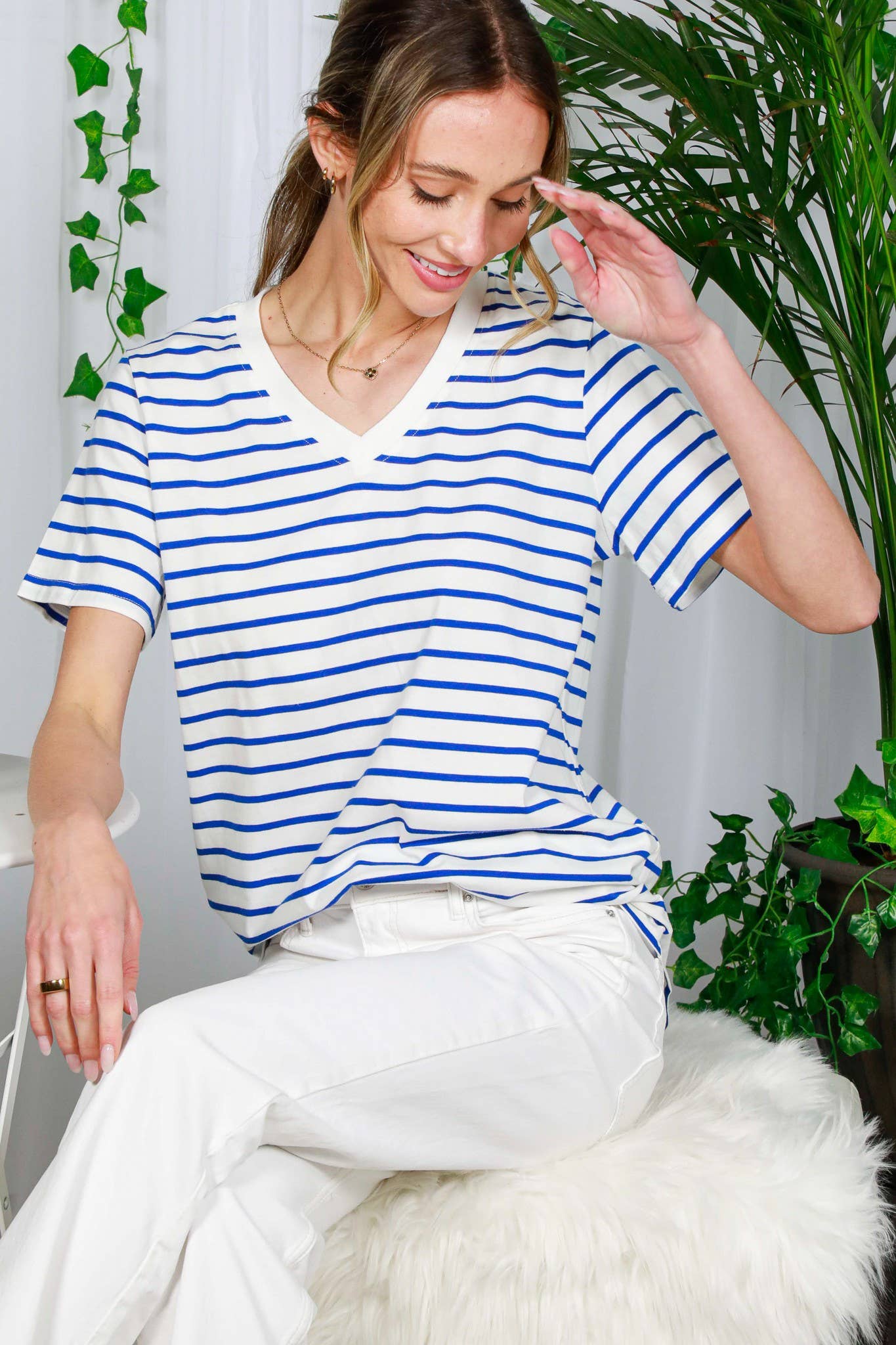 V-Neck Short-Sleeve Striped Printed Cotton Knit Top VT82240