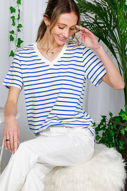 V-Neck Short-Sleeve Striped Printed Cotton Knit Top VT82240
