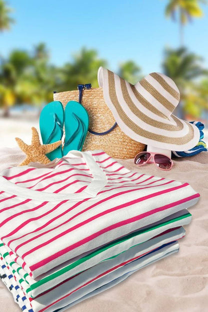 V-Neck Short-Sleeve Striped Printed Cotton Knit Top VT82240