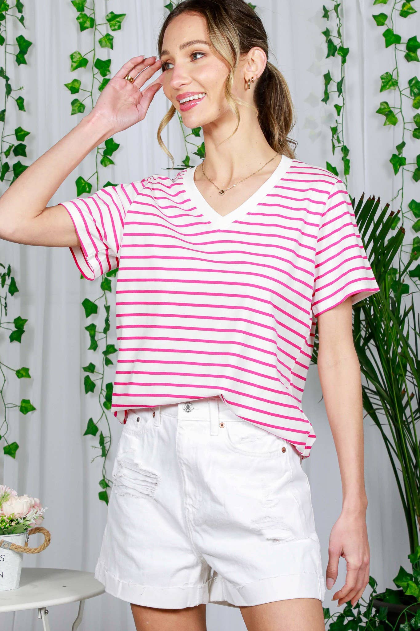 V-Neck Short-Sleeve Striped Printed Cotton Knit Top VT82240