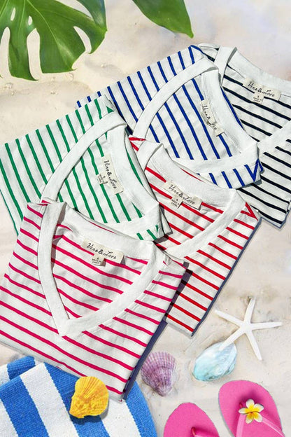 V-Neck Short-Sleeve Striped Printed Cotton Knit Top VT82240