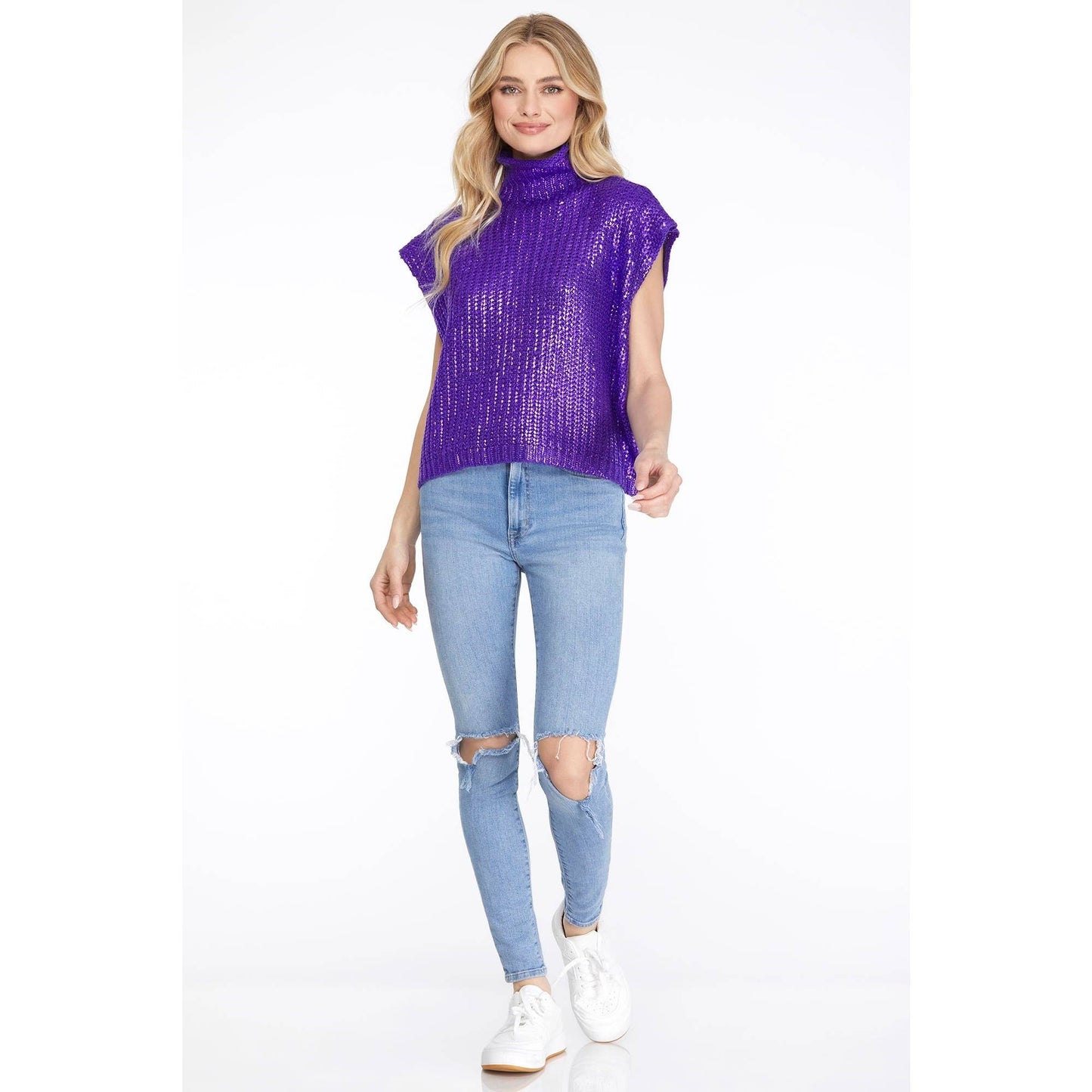 Metallic Foil Short Sleeve Sweater Top