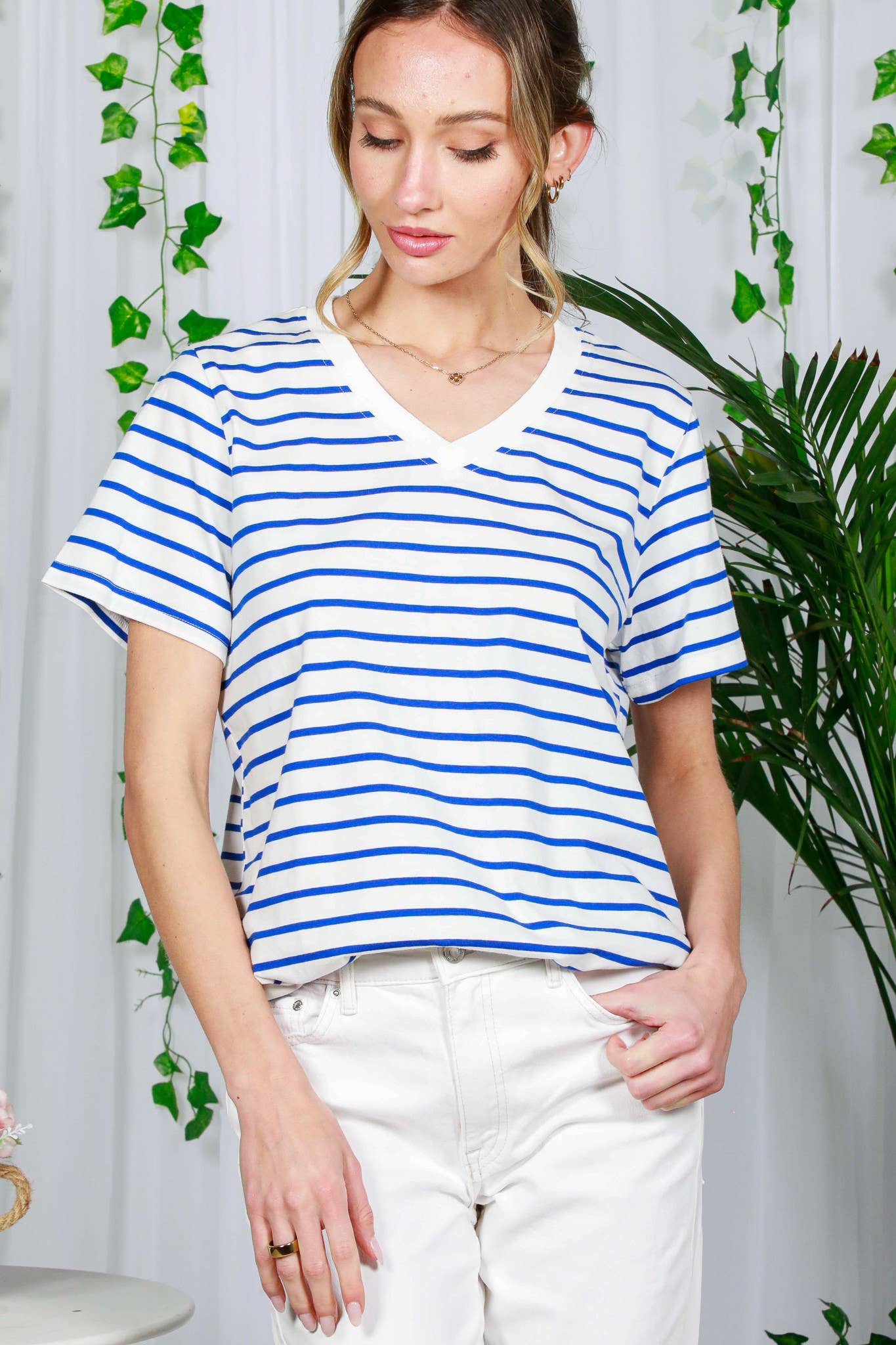 V-Neck Short-Sleeve Striped Printed Cotton Knit Top VT82240