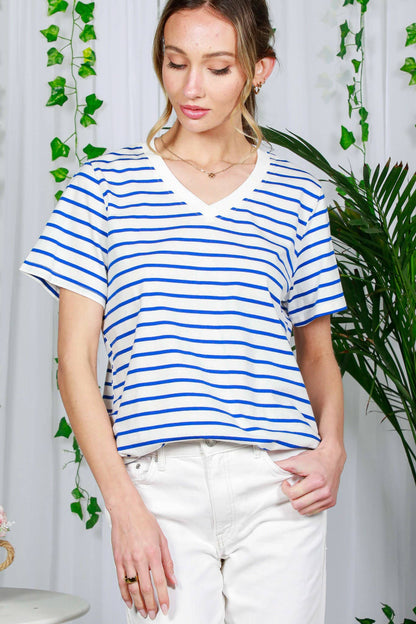 V-Neck Short-Sleeve Striped Printed Cotton Knit Top VT82240